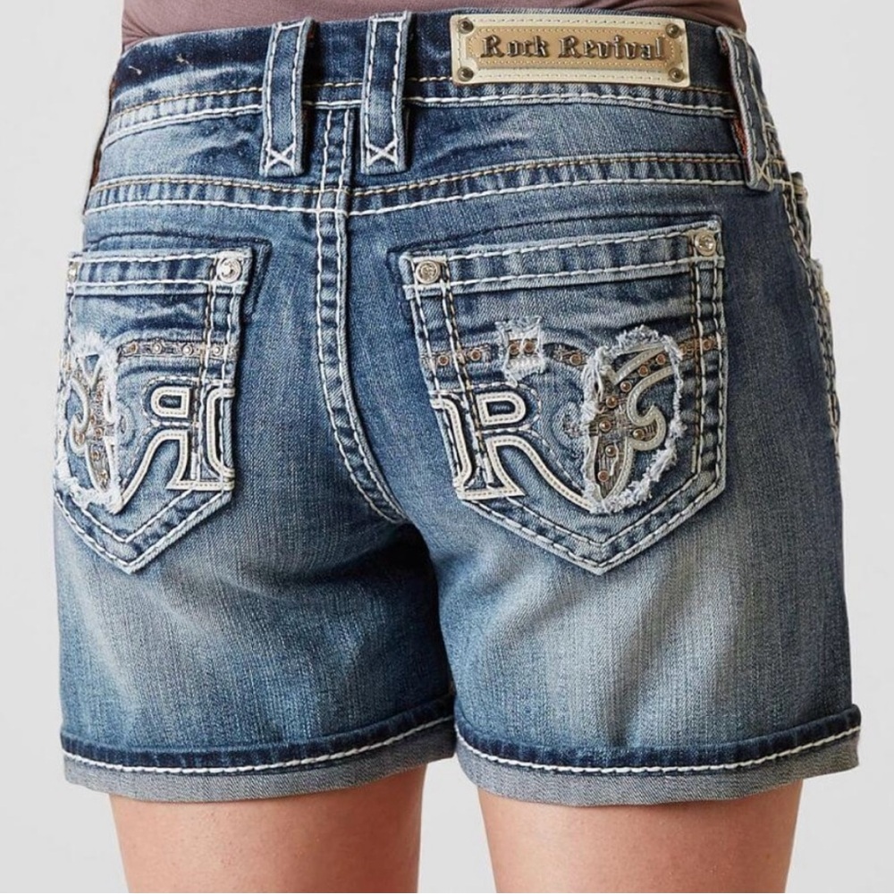 ♥️… Rock Revival Washed Distressed Jean Shorts Faine Embellished